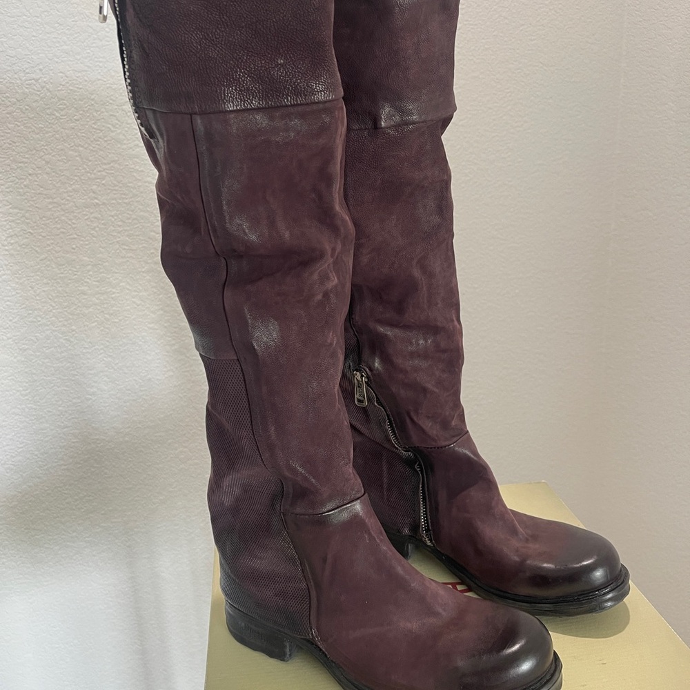 A.S.98 Women's Over the Knee Studded Suede/Leather Boots - Dark Purple